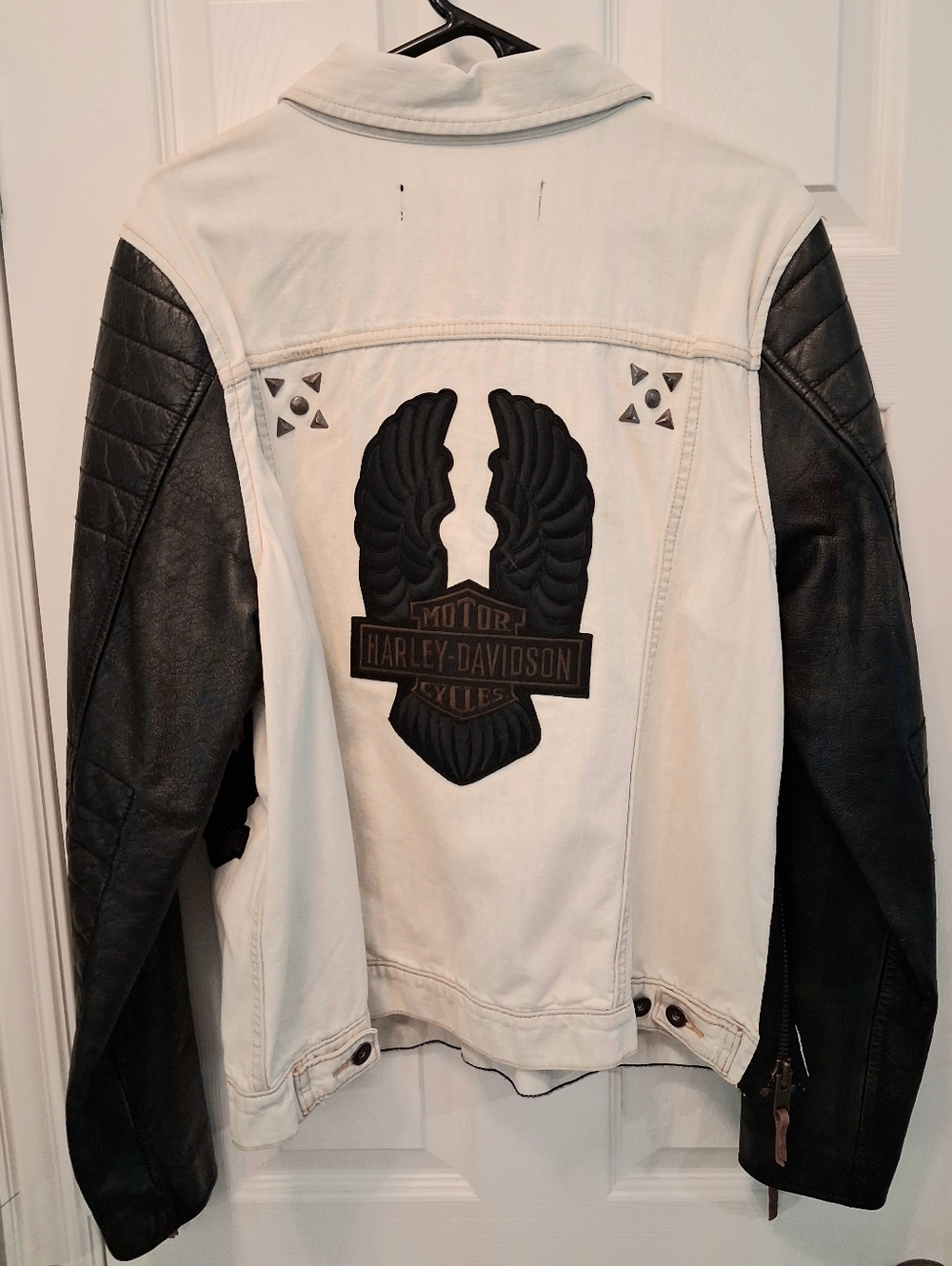 Harley-Davidson White Denim Jacket with Black Leather Sleeves & Wing Patch